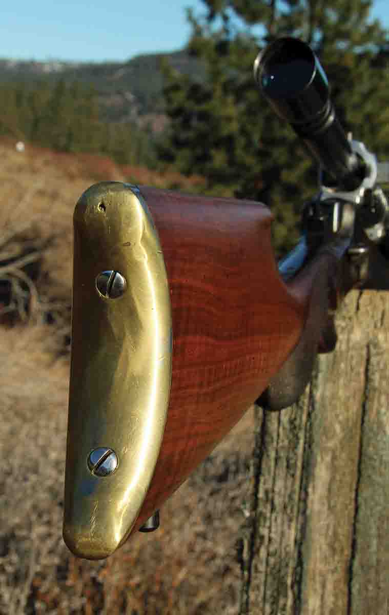 Remington Hepburn No. 3 rifles include a classic half-moon buttplate cast of brass. The design lends itself well to offhand shooting.